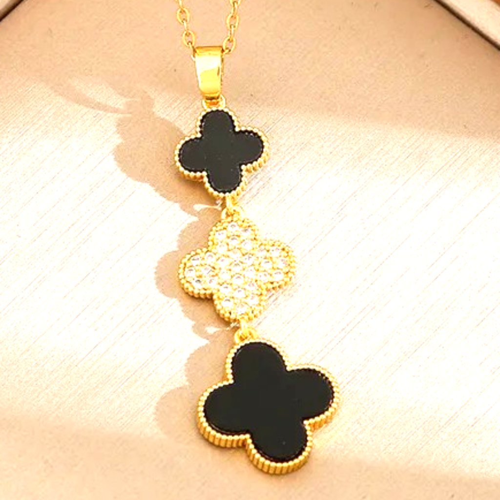18k Gold Dipped Vertical Three Quatrefoil Necklace Black, White Cz & Black Long